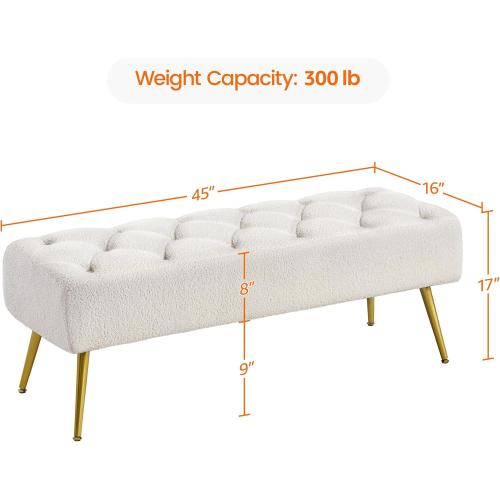 Yaheetech Modern Ottoman Bench Boucle Bench Upholstered Footrest for Living Room with Gold Metal Legs and Padded Seat Ivory