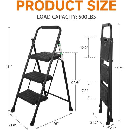 Black 3 Step Ladder, Protable Steel Folding Stool with Wide Anti-Slip Pedal, 500lbs Sturdy Steel Ladder