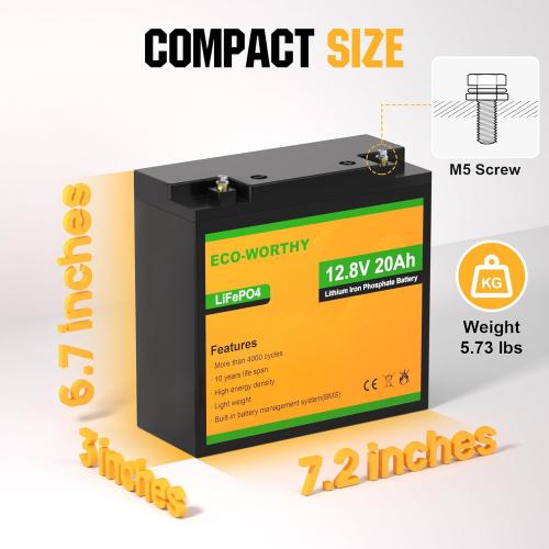ECO-WORTHY 12V 20Ah Lithium Battery, 3000  Deep Cycle Rechargeable LiFePO4 Lithium Ion Phosphate Battery with BMS for Trolling Motor, Fish finder, Kids Scooters, Power Wheels, Outdoor Camping