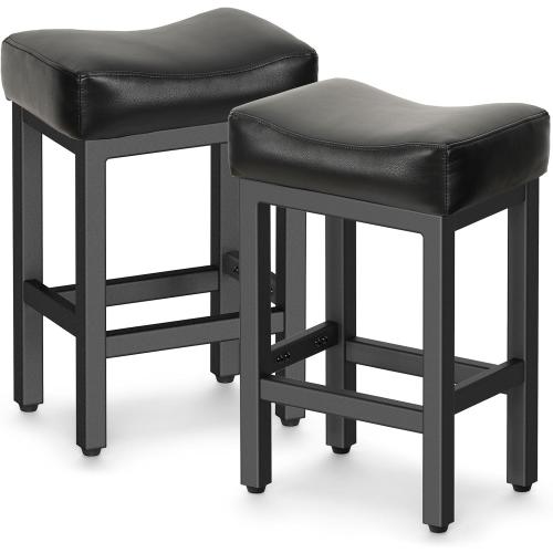 Raynesys 24 Inche Bonded Leather Counter Height Bar Stools Set of 2 Square | Barstools with Thick Bonded Leather Saddle Seats & Heavy Duty Metal Base for Kitchen Counter, Easy Assembly, All Black