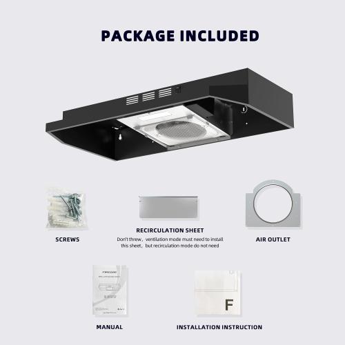 FIREGAS Black Range Hood 30 inch Under Cabinet, Ducted/Ductless Convertible Kitchen Hood, Stainless Steel Stove Vent Hood with 2 Speed Exhaust Fan, Rocker Button Control, 300 CFM Powerful Suction
