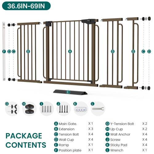 Cumbor Extra Wide Baby Gate, 36.6-69 Walk-Through Dog Gate for Stairs, Doorways & Hallways, 30.5“ Tall, Auto-Close & Dual-Swing Safety Child Gate Indoor, Easy Install Pressure-Mounted Pet Gate, Brown
