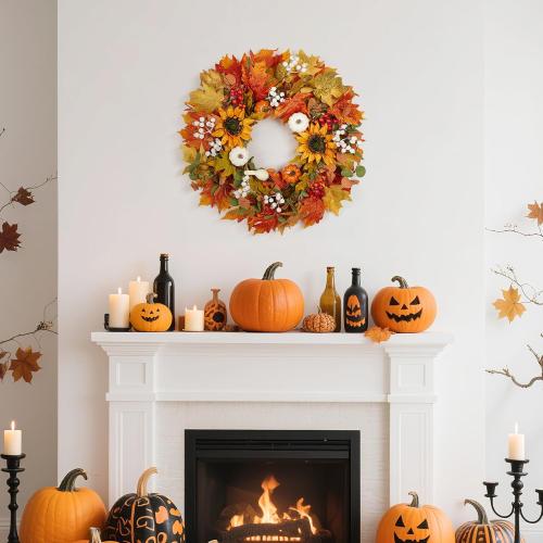 Fall Wreath for Front Door, 22-24 Autumn Wreath with Sunflower, Pumpkin, Berry. Artificial Home Decorations for Indoor Outdoor Window Wall Porch,UV Resistant Seasonal Decor for Thanksgiving Halloween