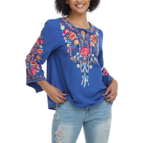 YZXDORWJ Women's Mexican Long Sleeve Blouse Embroidered Traditional V Neck Top Boho Tunic