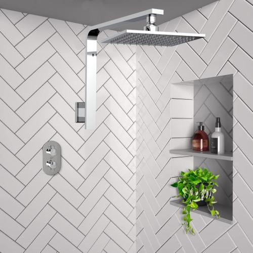 Aquaiaw High Rise Shower Arm and Flange, 16 inch, Solid Brass, Square Shower Riser, Gooseneck Raised Shower Head Arm, Wall Mount Shower Head Extension Arm, 1/2 NPT Tapered Threads (Polished Chrome)