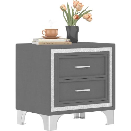 Mid Century Vintage Nightstand with Silver Glitter Strip, Gray Velvet Bedside Table with 2 Drawers and Metal Legs