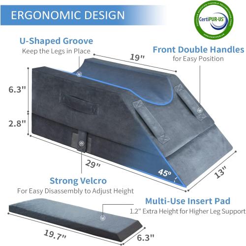 KingPavonini 4-Height Adjustable Leg Elevation Pillows for After Surgery, Injuries, or Rest, Memory Foam Leg Pillows for Sleeping with 3 Handles and Insert Pad, Washable Velvet Cover