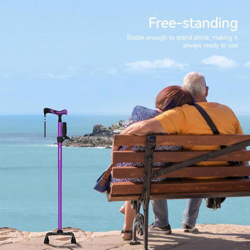 KingPavonini Walking Cane for Women/Men with Second Handle, Foldable & Adjustable Quad Cane with 4-Pronged Base for Standing, Lightweight Walking Aid for Seniors & Adults