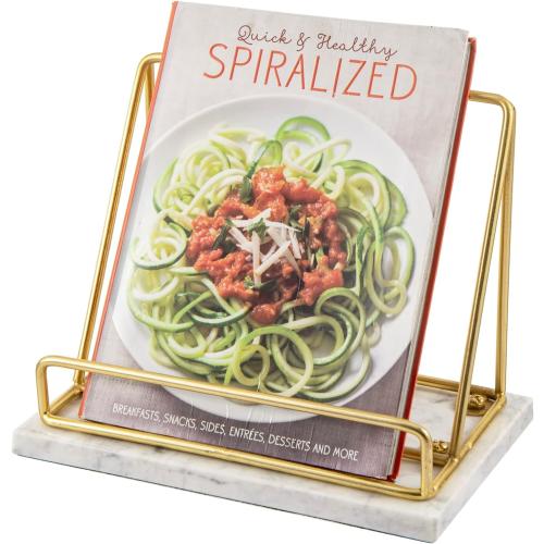 MyGift Modern Brass Metal Wire and White Marble Kitchen Cookbook Stand - Countertop Recipe Book and Tablet Holder - Handcrafted in India