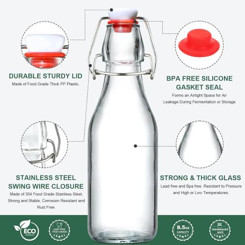 8-Pack 8.5oz Flip Top Glass Bottles, Swing Top Beer Brewing Bottle for Fermentation, Kombucha, Kefir, Vanilla Extract, Coquito, Juice, Soda, Tea - Airtight Stopper Cap Lid, Bonus 2 Bottle Pourers