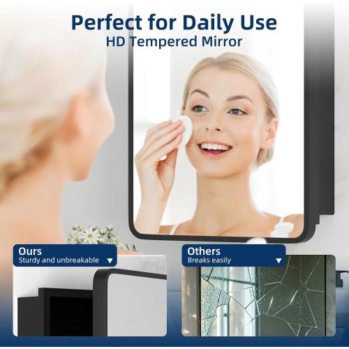 Medicine Cabinet with Mirror, 14x18 Inch Black Bathroom Mirrored Cabinet, Metal Framed Wall Cabinet with Beveled Mirror, Modern Surface Mount or Recessed Medicine Cabinet with Storage