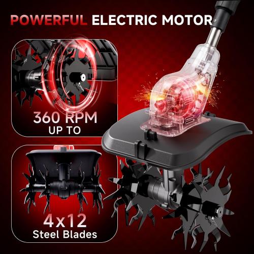 21V Cordless Tiller for Gardening, 120Mins Runtime Rototiller, 11.8 Width 6.6 Depth Garden Tiller, 360RPM Electric Cultivator for Lawn/Soil/Cultivation/Garden