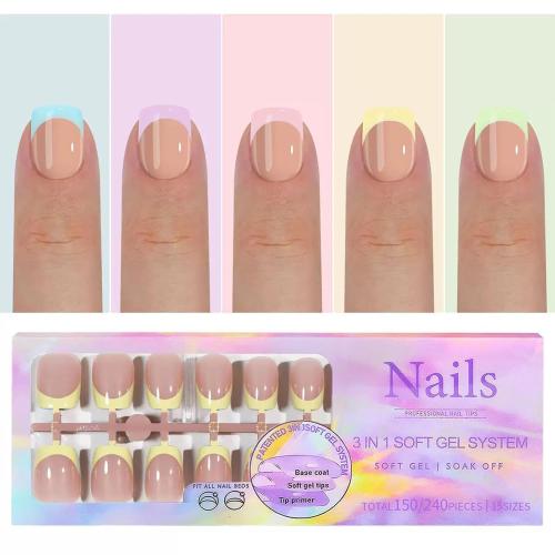 150Pcs Press on Nails Short Square Fake Nails French Tip False Nails Press ons with Designs Yellow nails Glossy n Nails Stick on Nail for Women Nail Decorations
