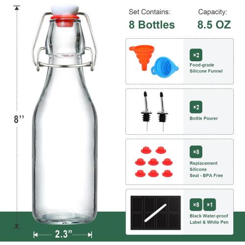 8-Pack 8.5oz Flip Top Glass Bottles, Swing Top Beer Brewing Bottle for Fermentation, Kombucha, Kefir, Vanilla Extract, Coquito, Juice, Soda, Tea - Airtight Stopper Cap Lid, Bonus 2 Bottle Pourers