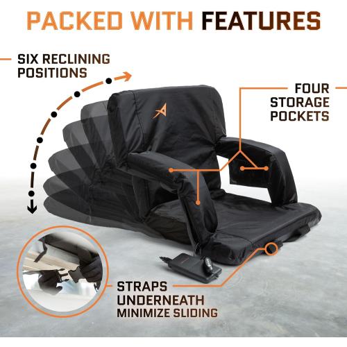 Heated Stadium Seats for Bleachers with Back Support – USB Battery Included - Upgraded 3 Levels of Heat - Foldable Chair - Cushioned, 4 Pockets for Snacks, Cup Holder - for Camping, Games & Sports