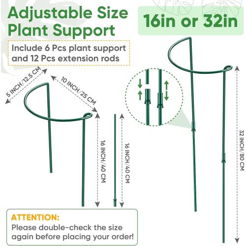 6 Pack 32 or 16 inch Adjustable Plant Support Stakes, Heavy-Duty Half Round Peony Support, Garden Plant Stakes Cage for Outdoor Plants, Peony, Tomato, Hydrangea, (16In Support  16In Extension Tubes)