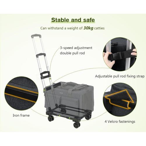 DARK GREY Pecute Cat Carrier with Wheels,Steel Wire Frame Cat Carrier, Stable Pet Trolley Bag for Cats, Pet Handbag and Stroller, Portable Cat Carrier Bag for Car Travel Bus Subway, Dark Grey