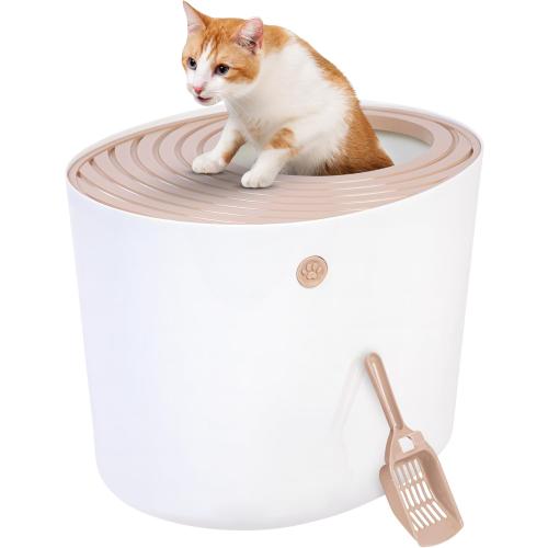 IRIS USA Cat Litter Box, Large Top Entry with Litter Catching Lid and Scoop, Dog Proof, Cat Box Enclosure, Beige/White