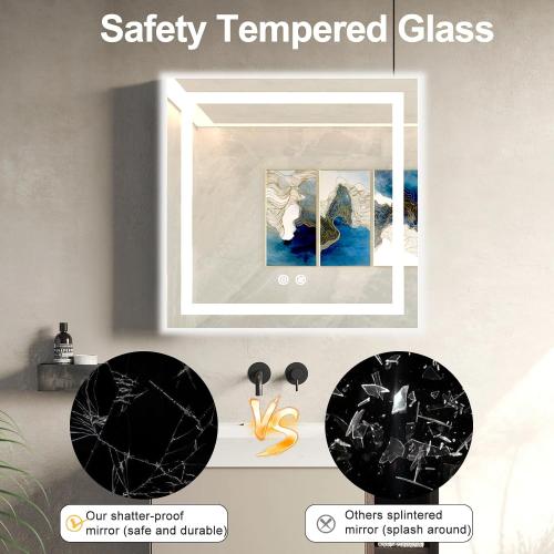 32 X 32 Inch Square LED Bathroom Vanity Mirror, 3 Colors Light Dimmable, Wall Mounted Memory Lighted Makeup Mirror with Anti-Fog Touch Switch (Front-lit&Backlit)