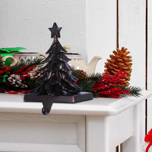 Hooqict Christmas Tree Stocking Holder Metal 3D Christmas Stocking Holder for Mantle Fireplace Christmas New Year Table Decorations Weighted Stocking Hangers with Hooks