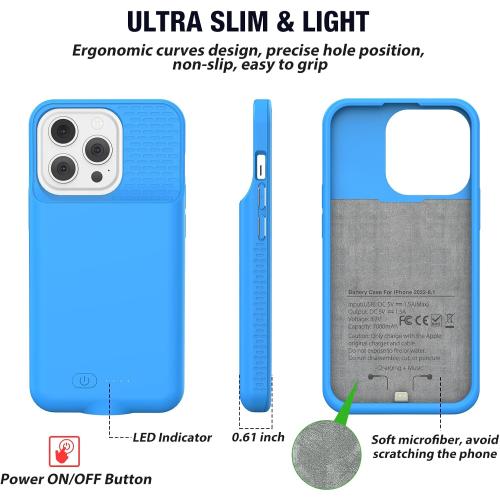 GIN FOXI Battery Case for iPhone 14/14Pro/13/13Pro, Ultra-Slim Charging Cases Rechargeable Anti-Fall Protection Battery Charger Charger for iPhone 14 Pro/14/13/13Pro(6.1 inch) 7000mAh Blue