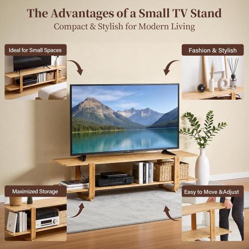 Wood Bamboo TV Stand for 55-Inch TVs, 2 Open Shelves, Modern Console | Mid Century Style, Open Storage for Electronics and Decor in Living Rooms and Bedrooms