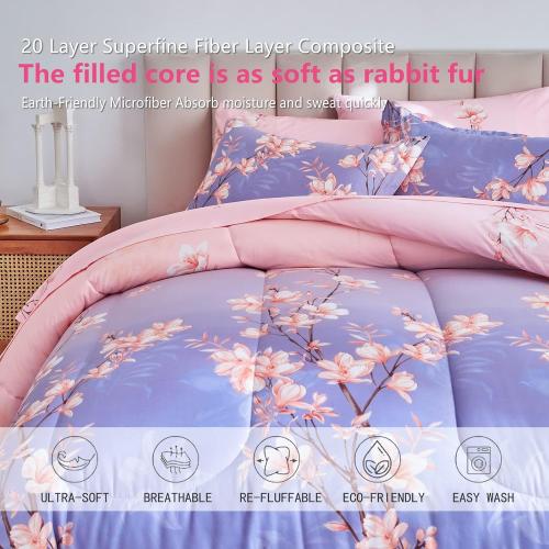 AIKASY Pink and Light Purple King Comforter Set with Sheets,Bed in a Bag 7-Pieces,Branches and Flowers Printing Design,Ultra Soft Down Alternative All Season Bedding Set(King,Blossom Stem)