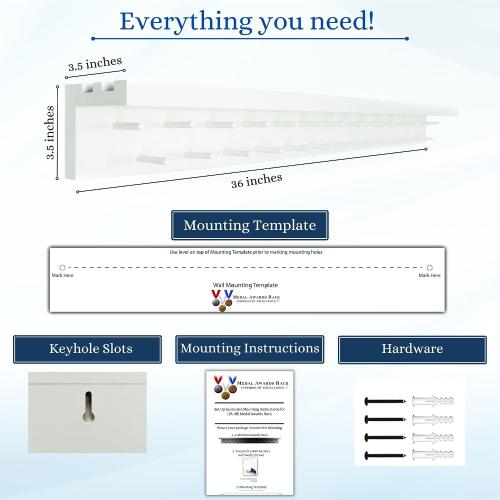 3ft Medal Hanger Display for Wall — Trophy Shelf with Hooks for Medals — 36 Solid Wood — Holds 30  Medals   Cased Medals for Running, Gymnastics, Cheer, Karate — White- Medal Awards Rack