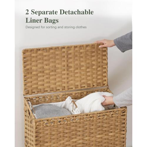 Laundry Hamper with Lid, 112 L Handwoven Rattan Wicker Laundry Basket, 2 Removable Liner Bags Metal Heightened Feet, 6 Mesh Bags, 2 Section Large Clothes Hamper for Bathroom Bedroom, Natural