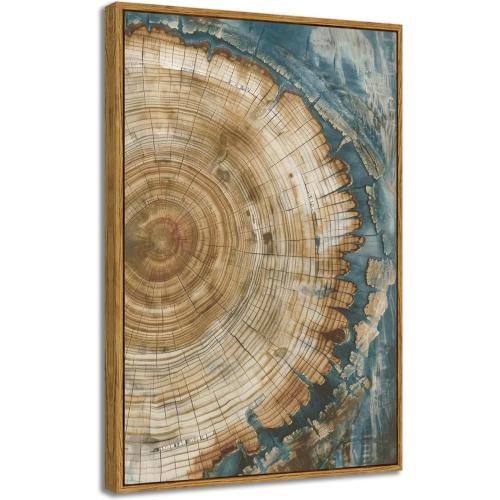 BingruiArt Faux Wood Tree Ring 08 Canvas Wall Art 16x24 Framed | Boho Abstract Nature Wall Decor, Green Abstract Wood Grain and Tree Stump Print, Living Room Bedroom Bathroom or Office