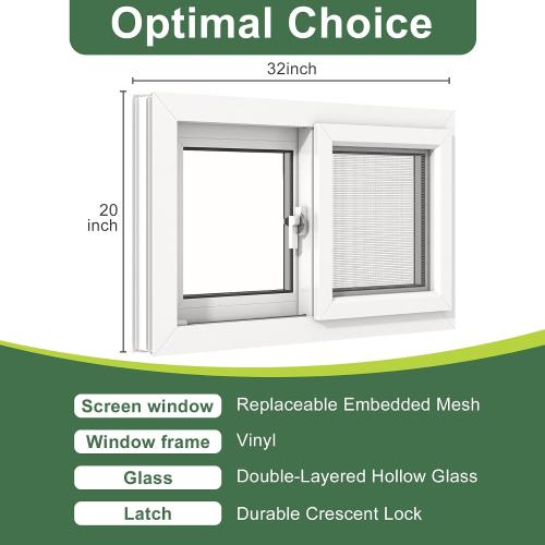 Vinyl Basement Double Slider Window,32 x 20 Basement Window,Removable Sliding Windows with Screen Windows,Featuring Double-Pane Insulated with Thermal Insulation Soundproof Glass（White）