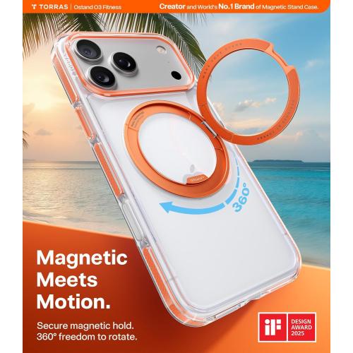 TORRAS 360 Magnetic Stand for iPhone 17 Pro Max Case, [Fit for MagSafe] [4X Military-Grade Protection] Slim Case for iPhone 17 Pro Max 6.9 2025, Clear-Orange, Ostand O3 Fitness Series