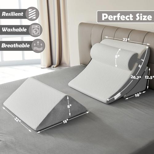 Ganaver 4pcs Orthopedic Bed Wedge Pillow Set Post Surgery Relaxing Back Adjustable Head Support Cushion Triangle Memory Foam Pillow for Acid Reflux Sleeping Reading Leg Elevation Snoring