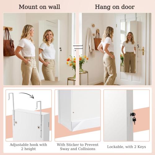 Unisakey Mirror Jewelry Cabinet,Lockable Wall or Door Mounted Jewelry Armoire Organizer With Built-up Mirror,LED Lights, Drawers,Cosmetic Trays,Shelves, 14.4x3.15x 43.1（White）