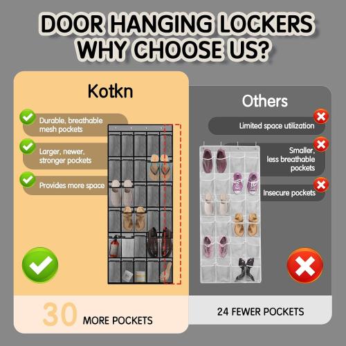 Over the Door Shoe Organizer with 30 Breathable Mesh Pockets - Large Capacity Closet Storage for Men & Women, Hanging Shoe Rack Organizer (Gray)