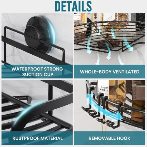 TAILI Powerful Suction Cup Corner Shower Caddy 2 Pack, Stainless Steel Rustproof Shower Shelf with Hook, Drill-free Wall Mounted Basket, Large Capacity Removable Suction Cup Bathroom Organizer, Black