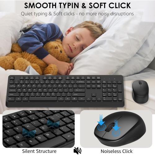 BKA BYA Wireless Keyboard and Mouse Combo,Full Size Quiet Keyboard and Mouse, 2.4GHz USB Receiver, Cordless Silent Keyboard and Mouse for PC, Windows, MAC, Laptop, Black