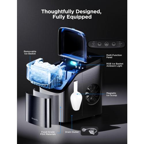 GoveeLife Smart Ice Maker Countertop, Portable Ice Machine with Voice Control, 9 Ice Cubes in 6 Minutes 3 Sizes, 26lbs/24Hrs, Self Cleaning RGB Lights, Quiet Ice Maker with Scoop for Kitchen Black