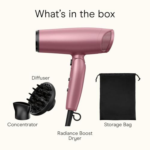 Conair Hair Dryer with Diffuser and Folding Handle, 1875W Travel Blow Dryer with Concentrator, Radiance Boost with Nano-Quartz Ceramic for Less Frizz, More Shine, and Silky Hair, Dusty Rose