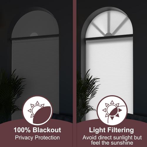 Arch Window Shades Blackout Half Circle Cordless Cellular Shades No Drill Half Moon Honeycomb Blinds for Indoor Window Thermal Insulation Noise Reduction,Blackout-White,48 W x 24 H