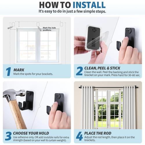 No Drill Curtain Rod for Windows 25 to 86 Inch - 2.0 Dual-Fix Adhesive & Invisible Nail, 5/8 Adjustable Black Curtain Rod No Drilling, Renter Friendly for Apartments & Dorms