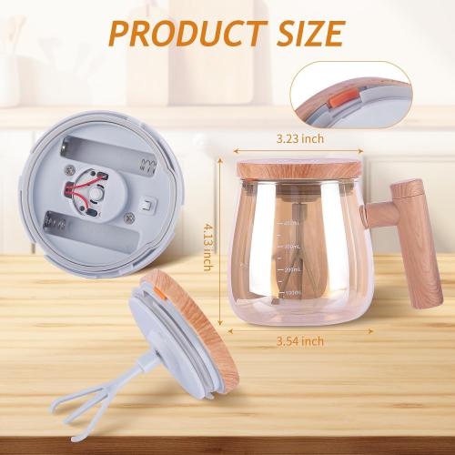 Self Stirring Coffee Mug, 400ml 6000 RPM Electric Mixer Cup, Heat-Protection Glass Coffee Blender with Lid, 48 dB , for Home/Office, Creative Gift (Champagne gold glass  light wood grain handle)