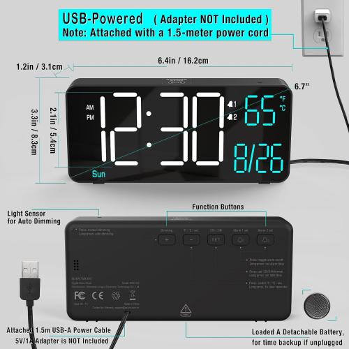 KOSUMOSU Alarm Clocks for Living Room, 6.7in Small Digital Clock for Bedroom, Auto Dimming,Date,Day of Week,Seconds or Indoor Temperature,Digital Alarm Clocks for Bedrooms,LED Desk Clock