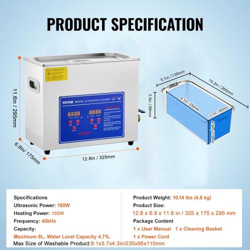VEVOR Commercial Ultrasonic Cleaner 6L Professional Ultrasonic Cleaner 40kHz with Digital Timer&Heater 110V Excellent Cleaning Machine for Watch Instruments Industrial Parts Excellent Cleaner Solution