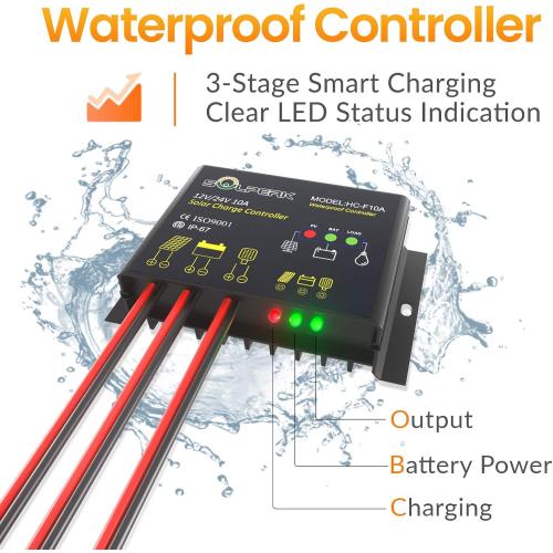 SOLPERK 10A Solar Charge Controller Waterproof Solar Panel Controller 12V/24V PWM Solar Panel Battery Intelligent Regulator for RV Boat car ，with LED Display