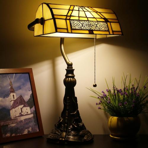 Tiffany Banker Lamp Small Stained Glass Table Lamp Tiffany Style Piano Light Yellow Mission Style Desk Lamp Angle Adjustable 10.6X15.7 Inch for Home Office Living Room Bedroom