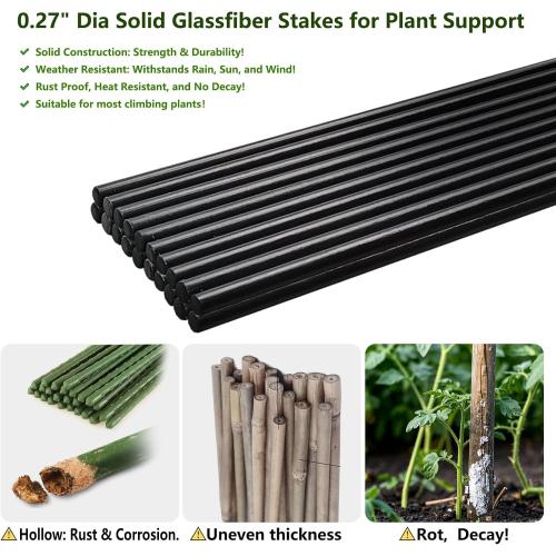 Garden Stakes 48 inch 20 Pack 0.27 Dia Solid Glassfiber Plant Support Rod Tomato Trellis Stakes (Black)