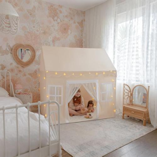 Tiny Land Play Tent with Padded Mat & LED Lights, Kids Tent, Playhouse for Kids, Indoor Bed Tent for Toddler, Toys for 3,4,5,6-Year-Old Girls, Neutral Color Play Room Furniture