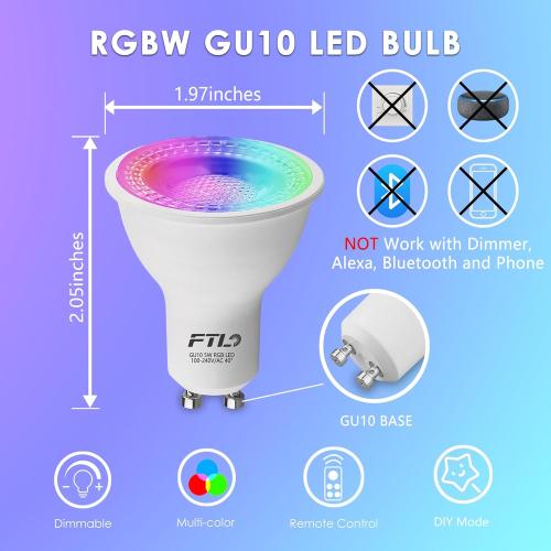 FTL GU10 LED Color Changing Light Bulb with Remote Control, RGB Dimmable Colored Light Bulbs 5W 40W Equivalent, 2700K-6000K， 30 Colors, Timer, Spotlight Bulb for Track Recessed Lighting 10-Pack