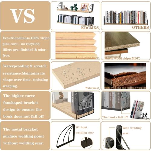 Long 48 Inch Oak Wall Bookshelf- Curved Fan-Shaped Design with Built-in Anti-Slip Book Stops|0.71 Thicker Heavy Duty White Oak Floating Shelves|Floating Book Shelf for Wall,Home Décor Set of 2